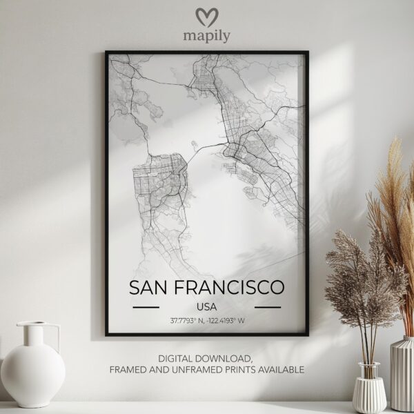 Framed art print featuring San Francisco Map, offering a balance of simplicity and sentiment
