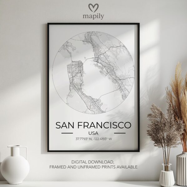 Framed and refined artwork of San Francisco Map, designed for stylish interiors