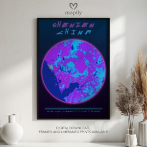 Framed modern design print Shenzen Map, created with visual clarity and purpose