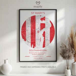 Refined and minimalist wall art of Southampton Stadium Map, suitable for every design taste