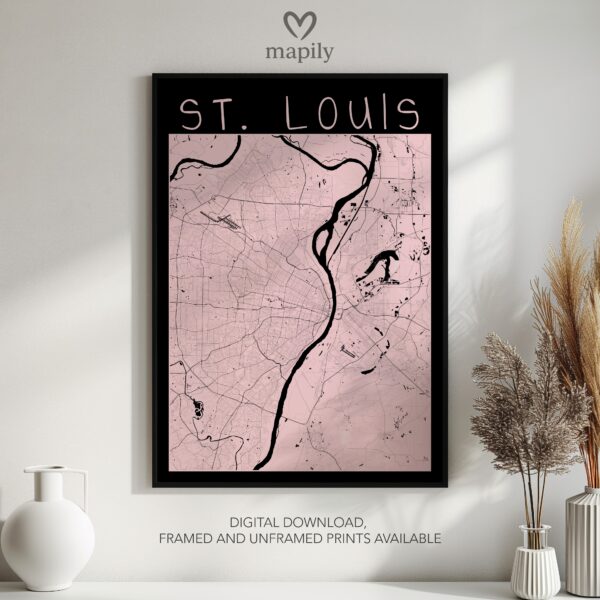 Framed art print featuring St Louis Map, offering a balance of simplicity and sentiment