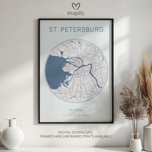 Framed and refined artwork of St Petersburg Map, designed for stylish interiors