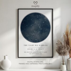 Elegant star map wall art representing The Night We Married Personalized Star Map, designed with minimal style