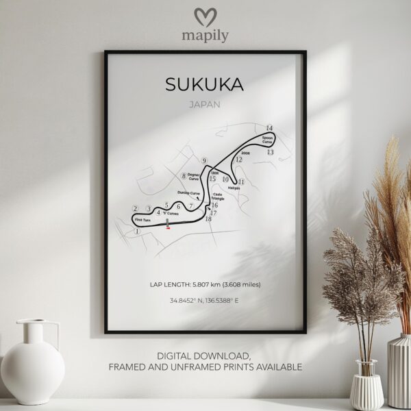 Contemporary print featuring Suzuka F1, designed for stylish living spaces