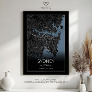 Minimalist map-inspired artwork Sydney City Map, ideal for a thoughtful interior touch