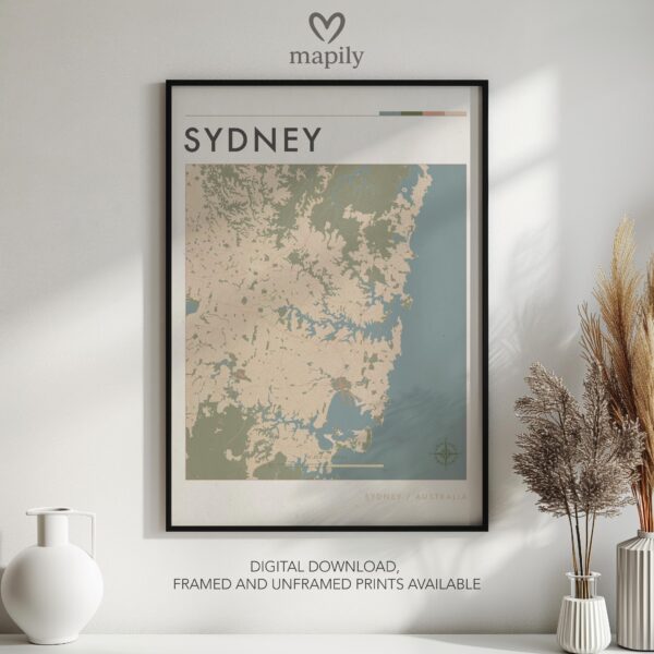 Framed modern design print Sydney City Map, created with visual clarity and purpose
