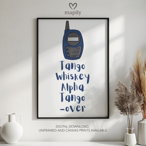Contemporary quote print with minimalist type design Tango Whisky Alpha Tango - Over, a subtle yet powerful wall statement