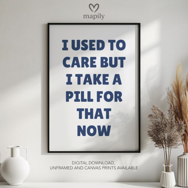 Contemporary quote print with minimalist type design Used To Care, a subtle yet powerful wall statement