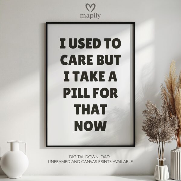 Bold framed quote print Used To Care, combining minimalism with a sense of humor or edge