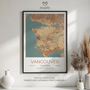 Framed and refined artwork of Vancouver Map, designed for stylish interiors