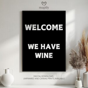 Stylish monochrome framed print with a clean and modern aesthetic Welcome Wine, perfect for contemporary decor