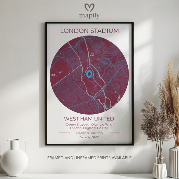 Framed art print featuring West Ham Stadium Map, offering a balance of simplicity and sentiment