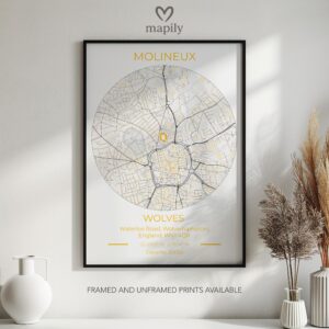 Elegant framed artwork showcasing Wolves Stadium Map, perfect for a statement wall