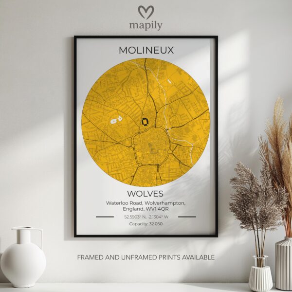 Designer wall art showcasing Wolves Stadium Map, adding elegance to your surroundings