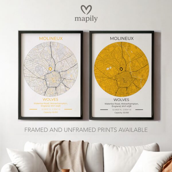 Subtle yet impactful design print Wolves Stadium Map, highlighting place and meaning