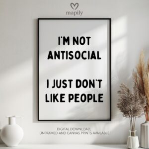 Framed modern wall art I'm Not Antisocial, perfect for those who love bold and expressive interiors